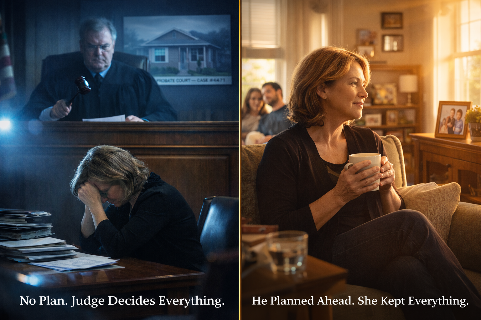 No plan: a judge decides everything. With a plan: she kept everything.