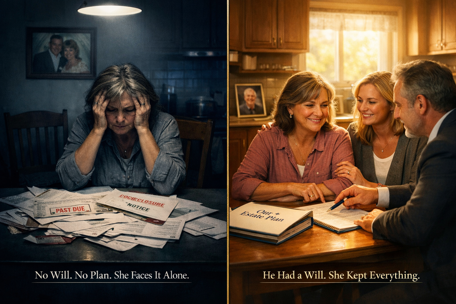 No will: she faces it alone. With a will: she kept everything.