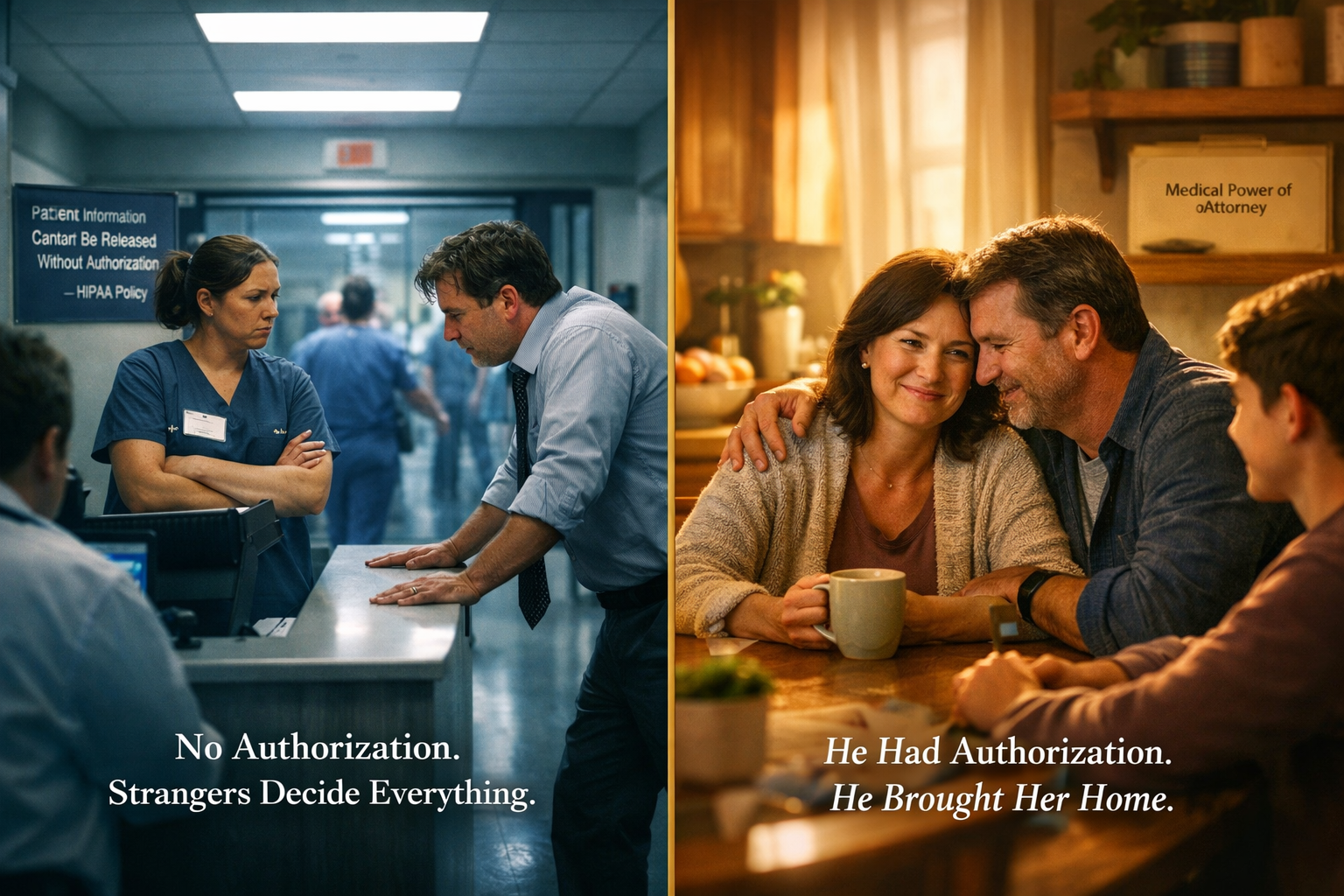 No authorization: strangers decide everything. With it: he brought her home.