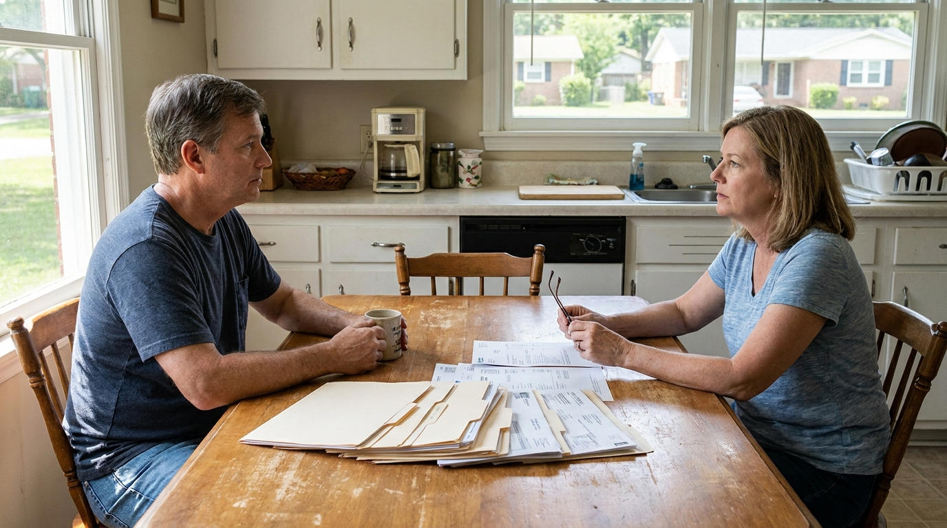 Couple reviewing documents at the table